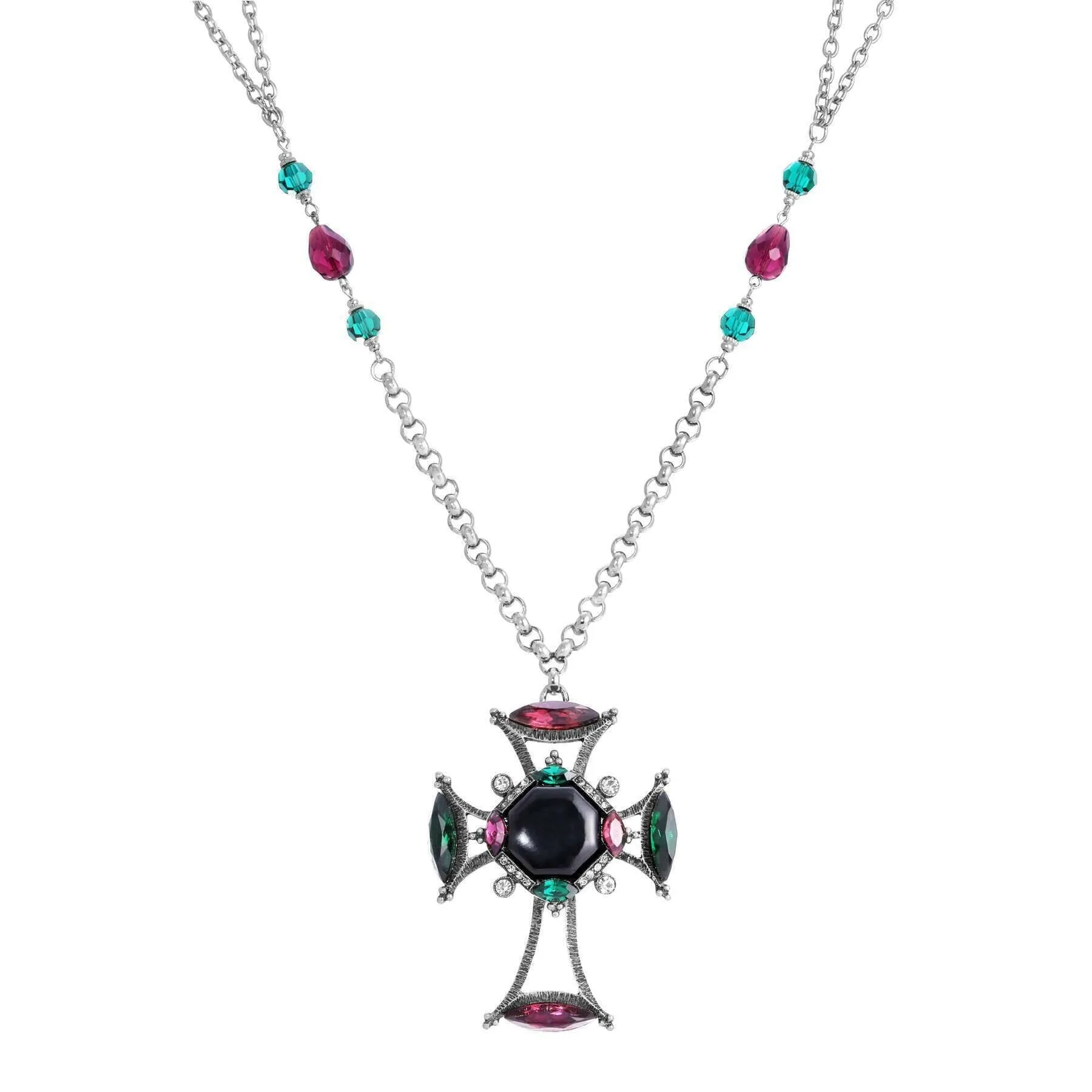 1928 Jewelry Monarch Emerald & Amethyst Crystal Black Octagon Stone Cross Pendant Necklace 30" 1928 Jewelry