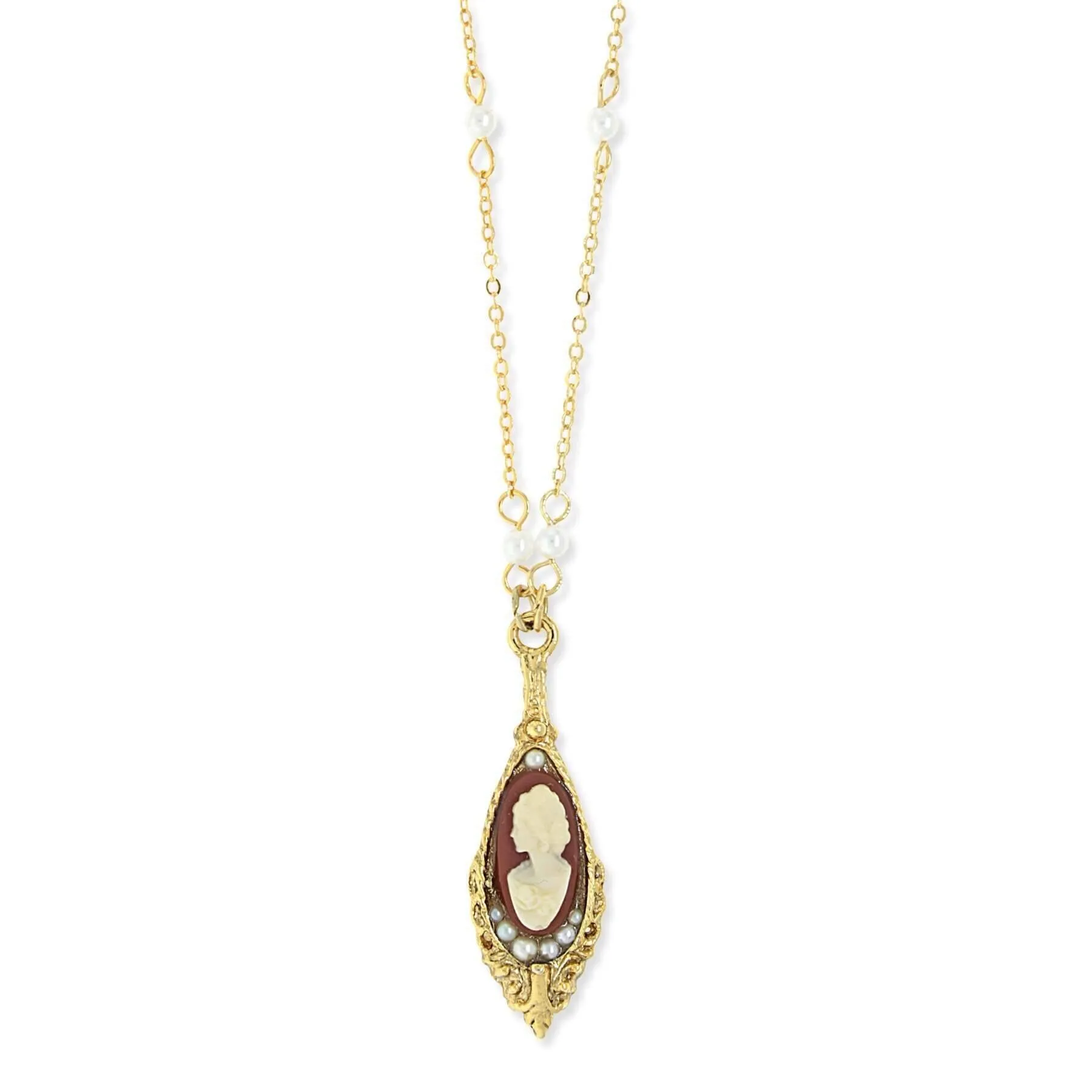 1928 Jewelry Monarchy Cameo Faux Pearl Bead Drop Pendant Necklace 1928 Jewelry