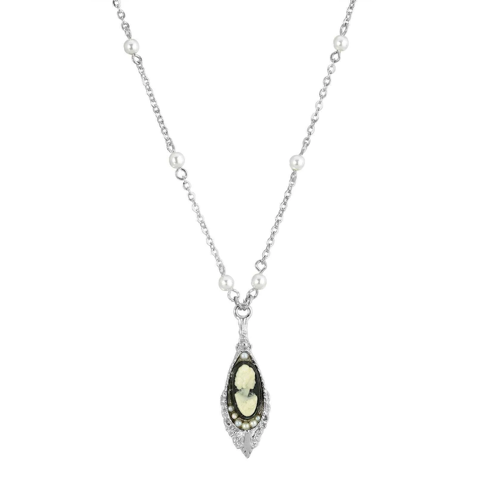 1928 Jewelry Monarchy Cameo Faux Pearl Bead Drop Pendant Necklace 1928 Jewelry