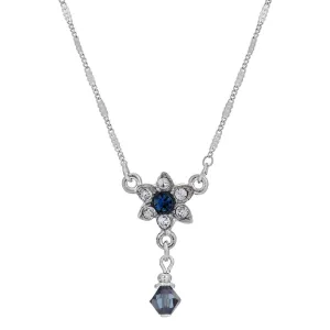 1928 Jewelry Montana Blue & Clear Crystal Petite Flower Drop Bead Necklace 15" 1928 Jewelry