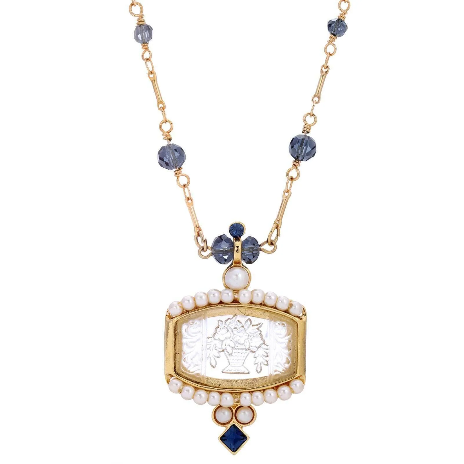 1928 Jewelry Montana Blue Bead Etched Flower Bouquet Glass Intaglio Pendant Necklace 16"   3" Extender 1928 Jewelry