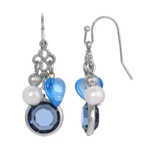 1928 Jewelry Montana Blue Channel Sapphire Blue Crystal Heart & Pearl Charm Dangling Earrings 1928 Jewelry