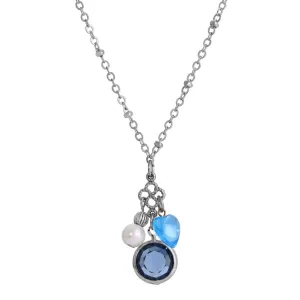 1928 Jewelry Montana Blue Channel Sapphire Crystal Heart & Pearl Charm Pendant Necklace 16" 1928 Jewelry