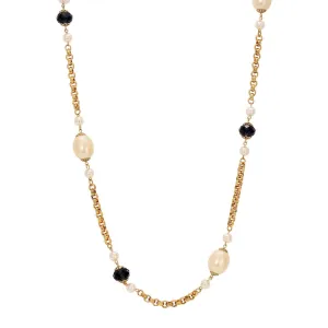 1928 Jewelry Montana Blue Crystal & Faux Pearl Gold Link Necklace 43" 1928 Jewelry