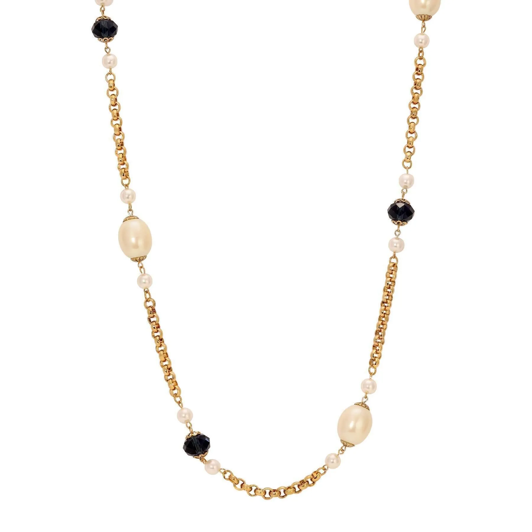 1928 Jewelry Montana Blue Crystal & Faux Pearl Gold Link Necklace 43" 1928 Jewelry