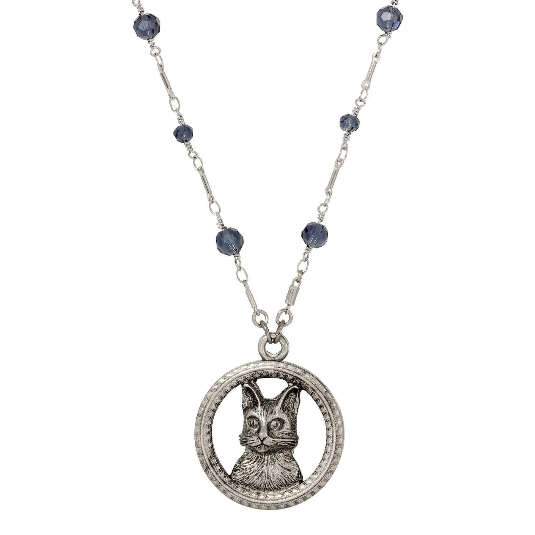 1928 Jewelry Montana Blue Crystal Floral Adorned Cat Pendant Necklace 28" 1928 Jewelry