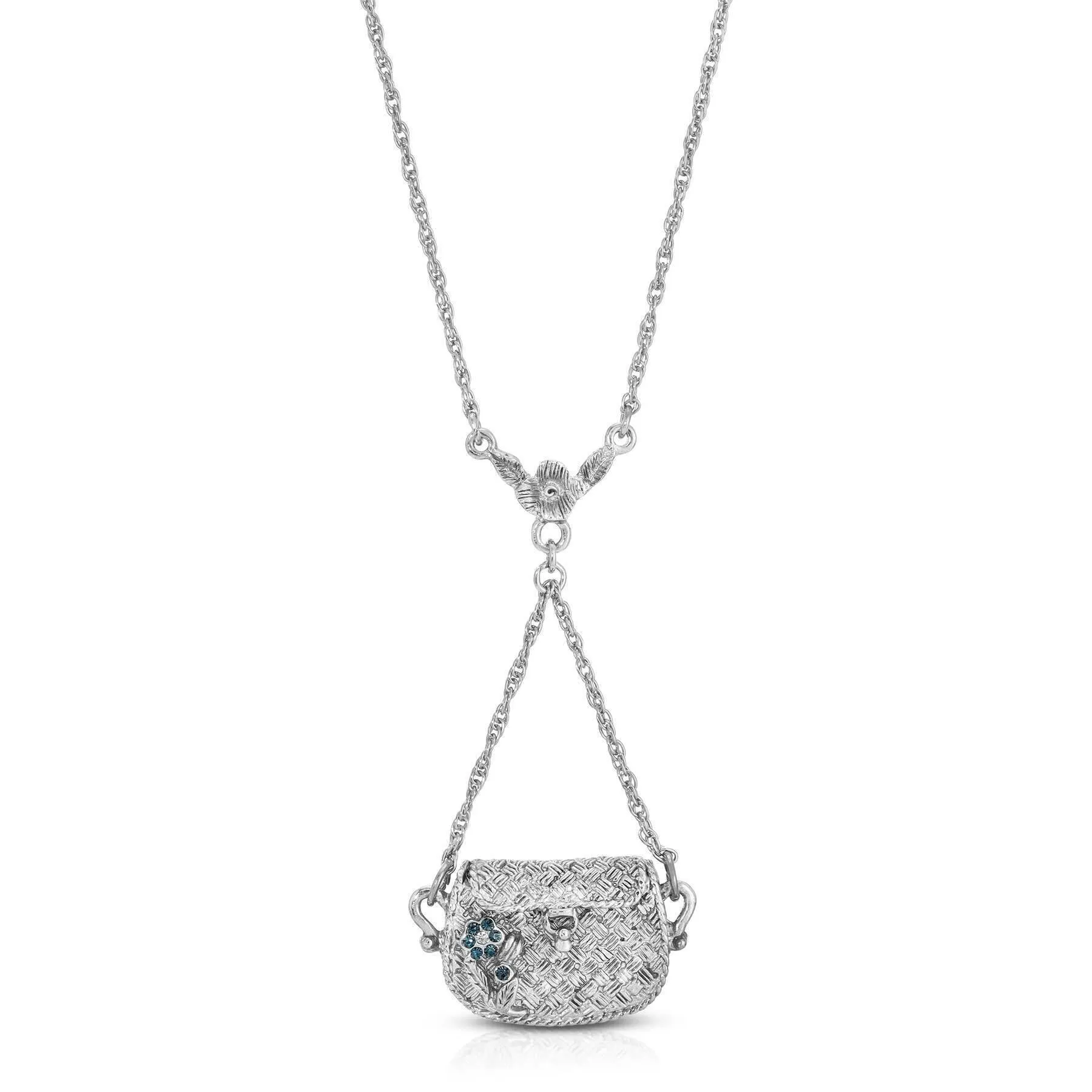 1928 Jewelry Montana Blue Crystal Flower Functional Purse Pendant Necklace 28" 1928 Jewelry