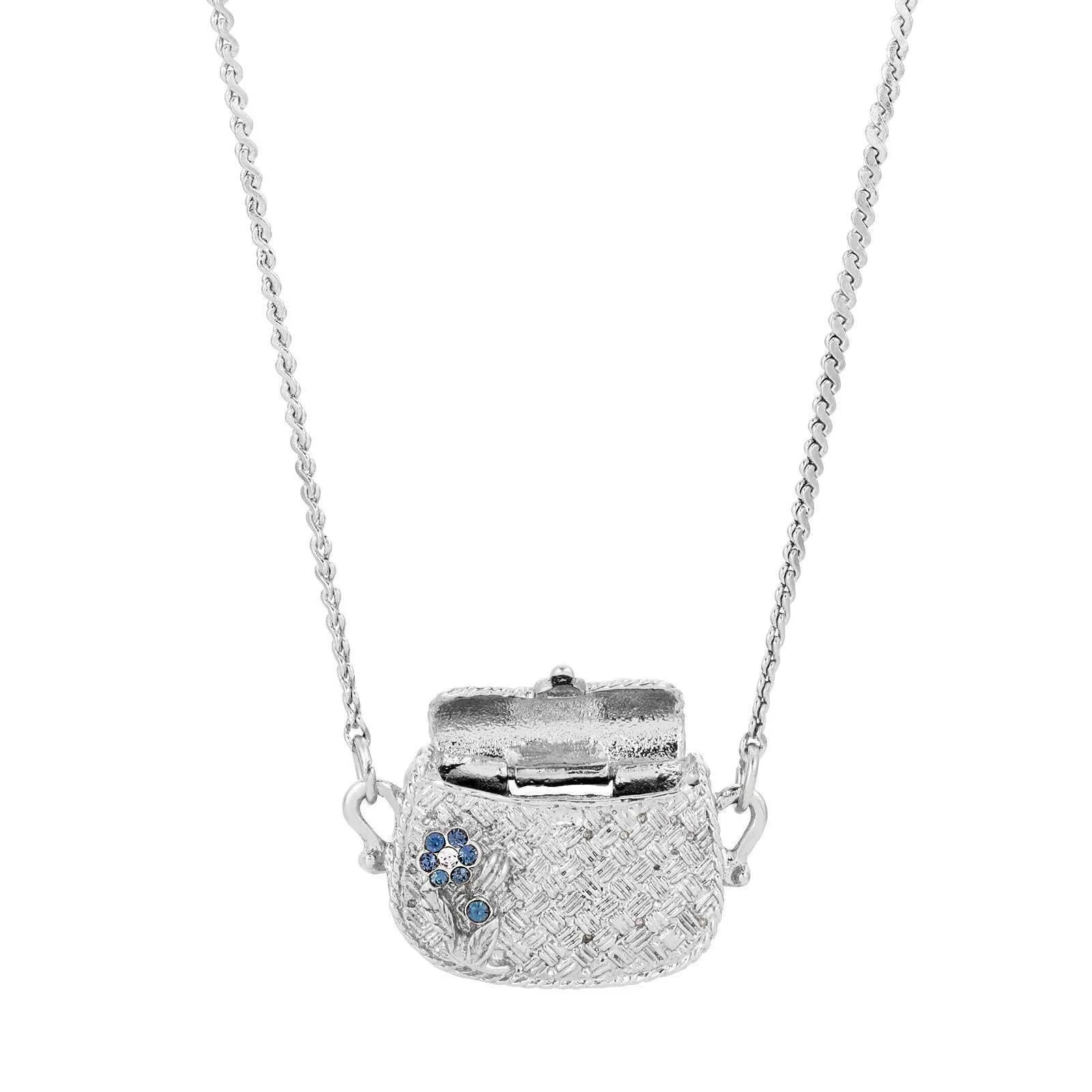 1928 Jewelry Montana Blue Crystal Flower Purse Locket Necklace 32" 1928 Jewelry