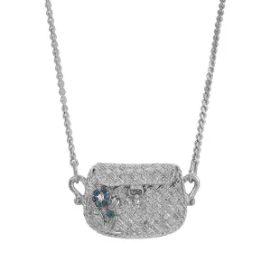 1928 Jewelry Montana Blue Crystal Flower Purse Locket Necklace 32" 1928 Jewelry