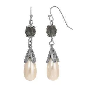 1928 Jewelry Montana Blue Fire Polished Crystal Faux Pearl Teardrop Dangling Earrings 1928 Jewelry