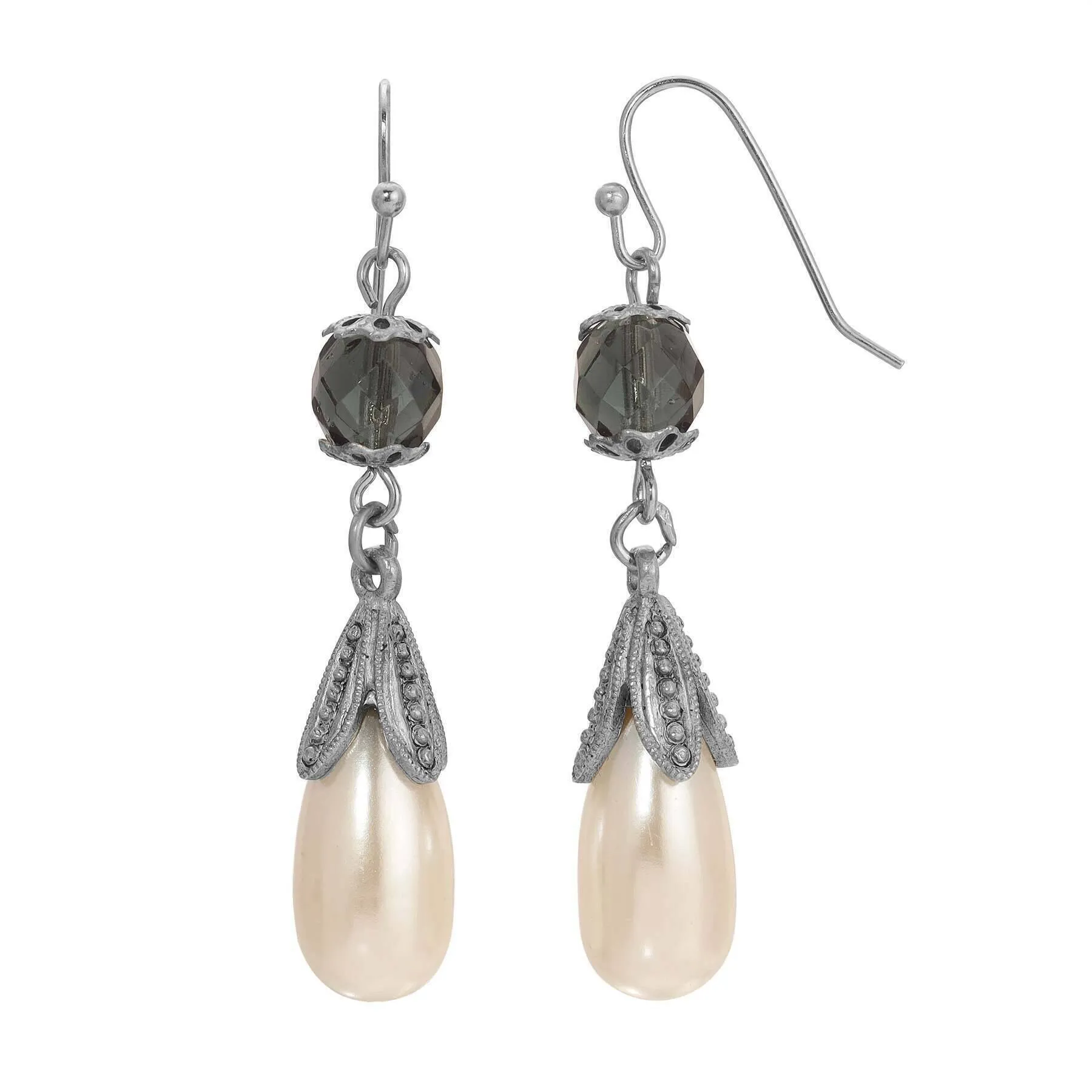1928 Jewelry Montana Blue Fire Polished Crystal Faux Pearl Teardrop Dangling Earrings 1928 Jewelry