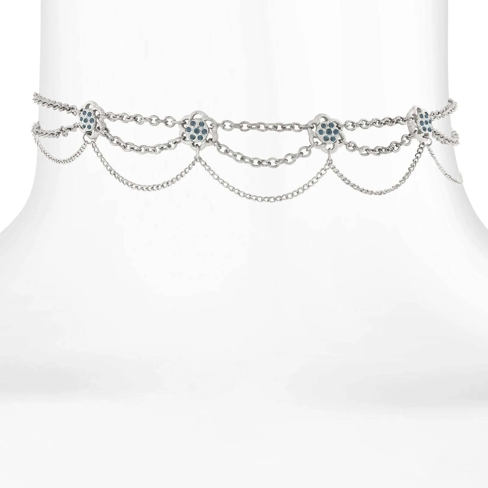 1928 Jewelry Montana Blue Flower Crystal Silver Chain Drape Choker Necklace 12"   5" Extender 1928 Jewelry