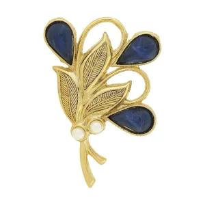 1928 Jewelry Montana Blue Glass Stone & Faux Pearl Gold Bouquet Pin 1928 Jewelry