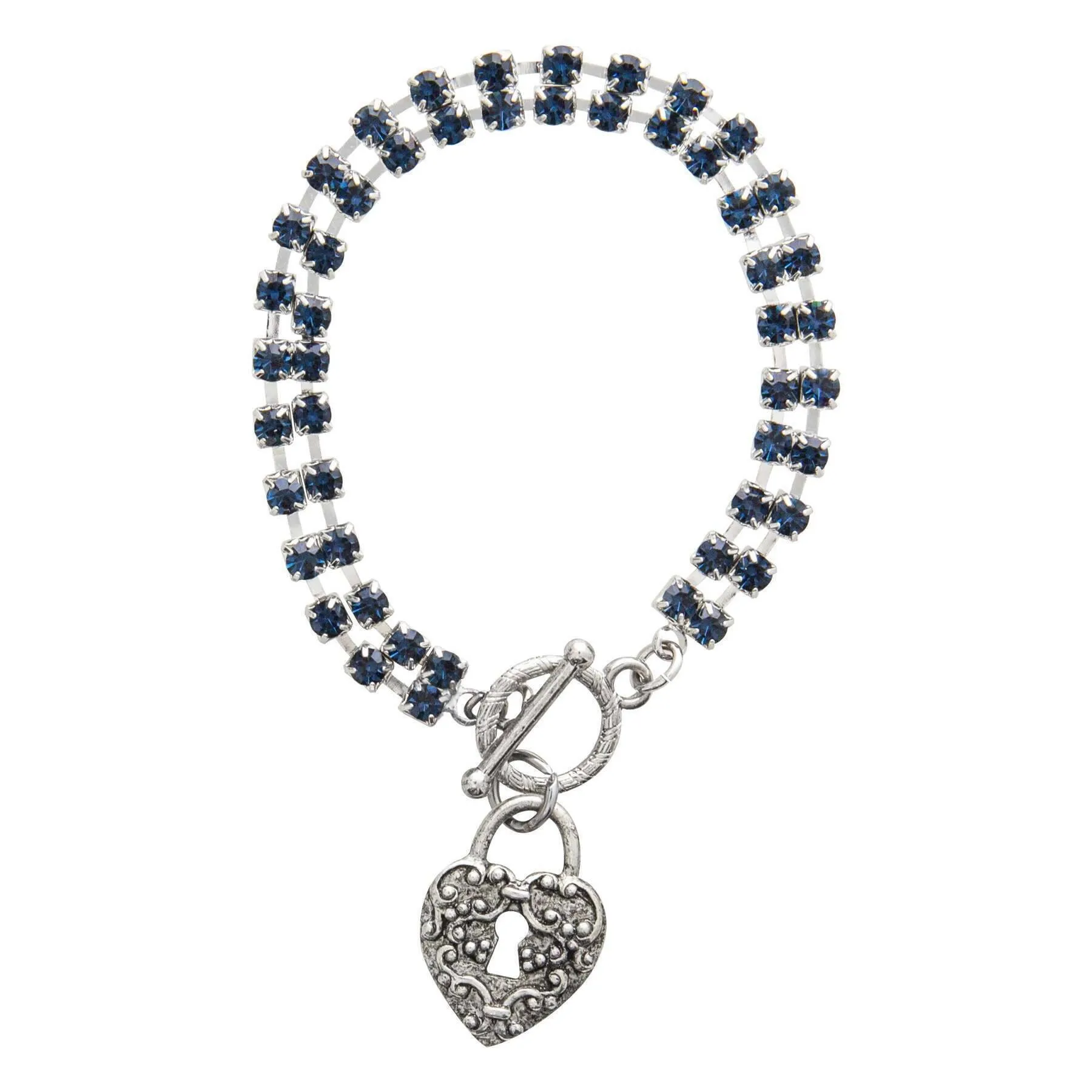 1928 Jewelry Montana Blue Rhinestone Crystal Skeleton Keyhole Heart Charm Toggle Bracelet 1928 Jewelry