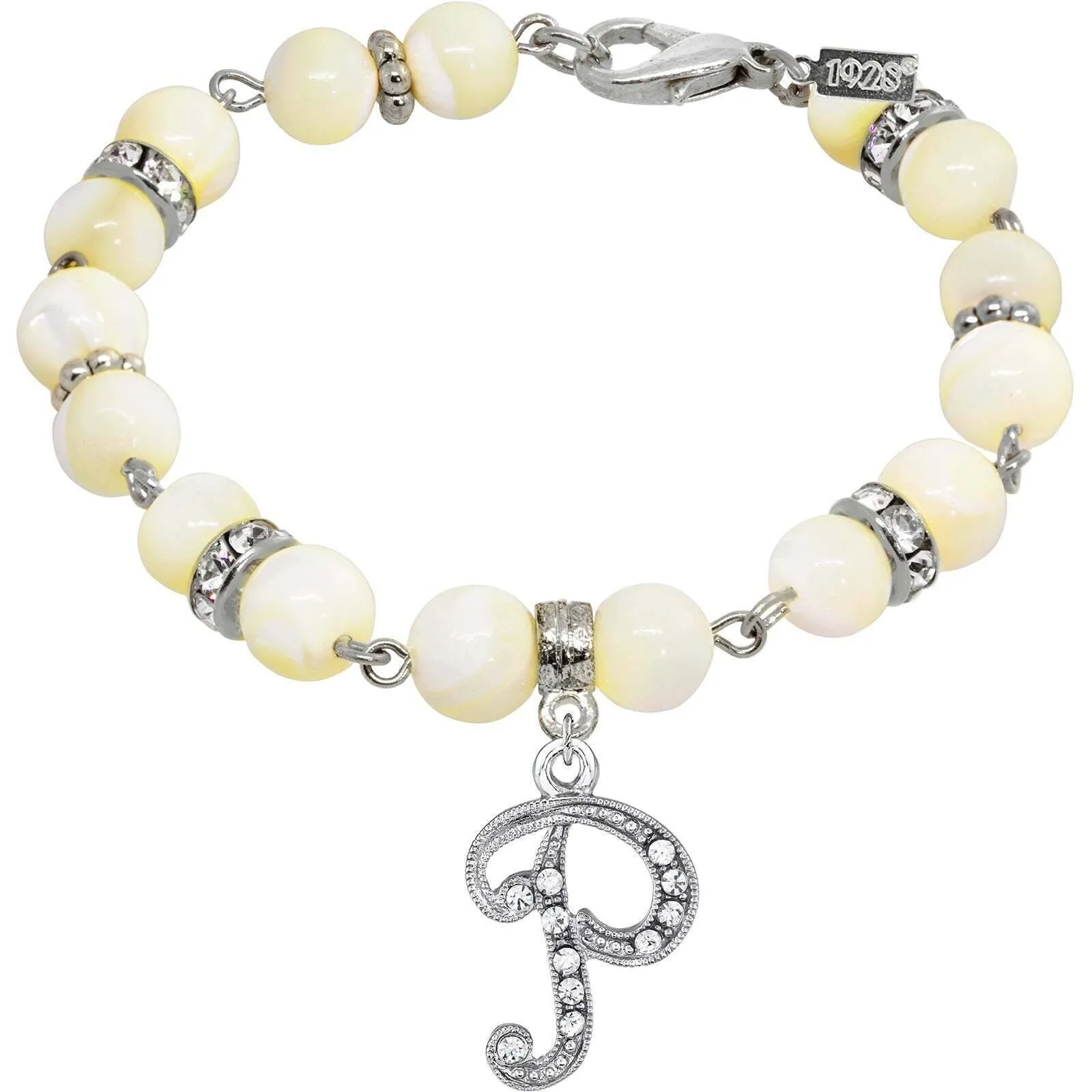 1928 Jewelry Mother Of Pearl Crystal Initial Charm Bracelet 1928 Jewelry