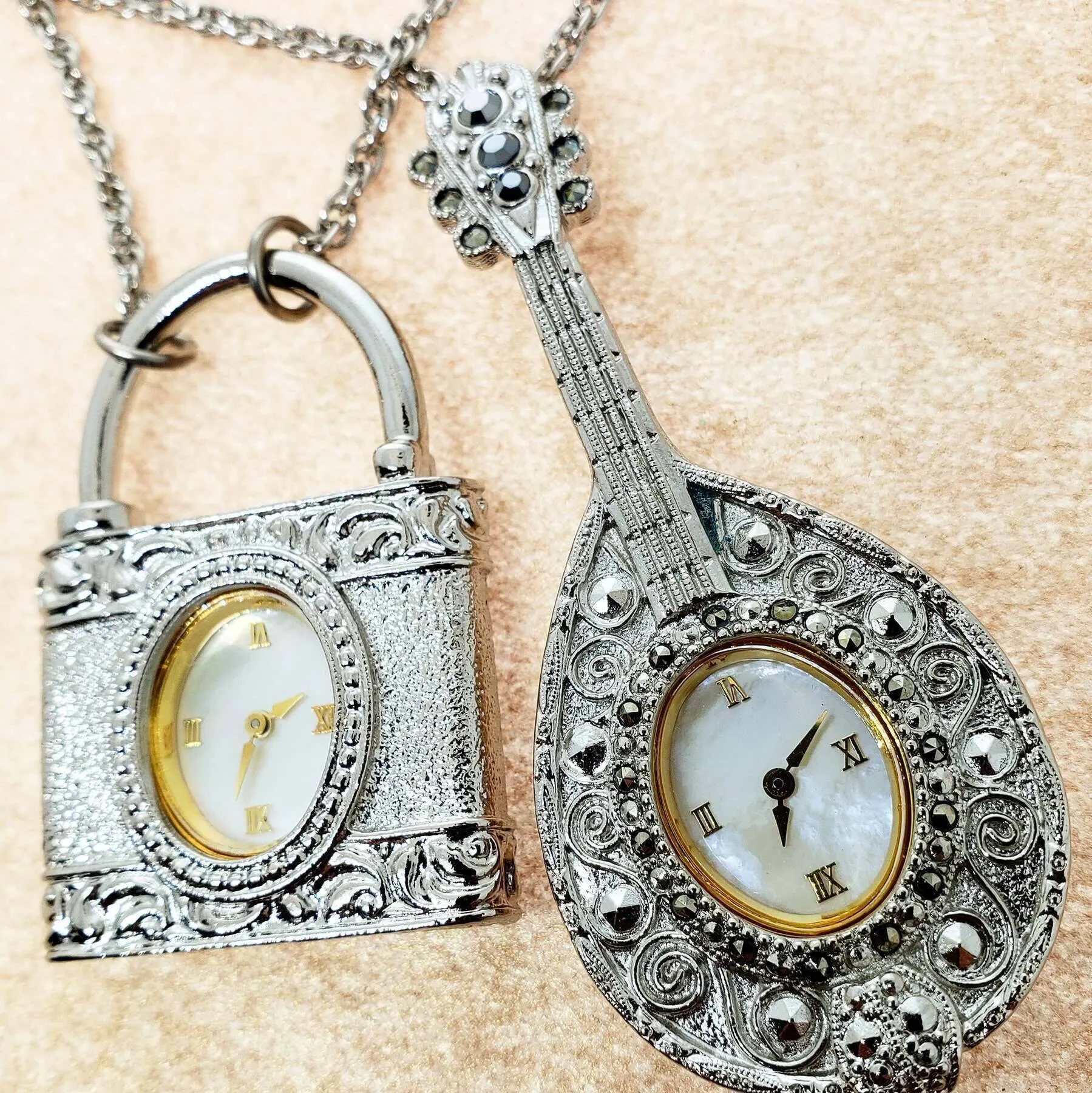 1928 Jewelry Mother Of Pearl Hematite Crystal Mandolin Watch Pendant Necklace 28" 1928 Jewelry