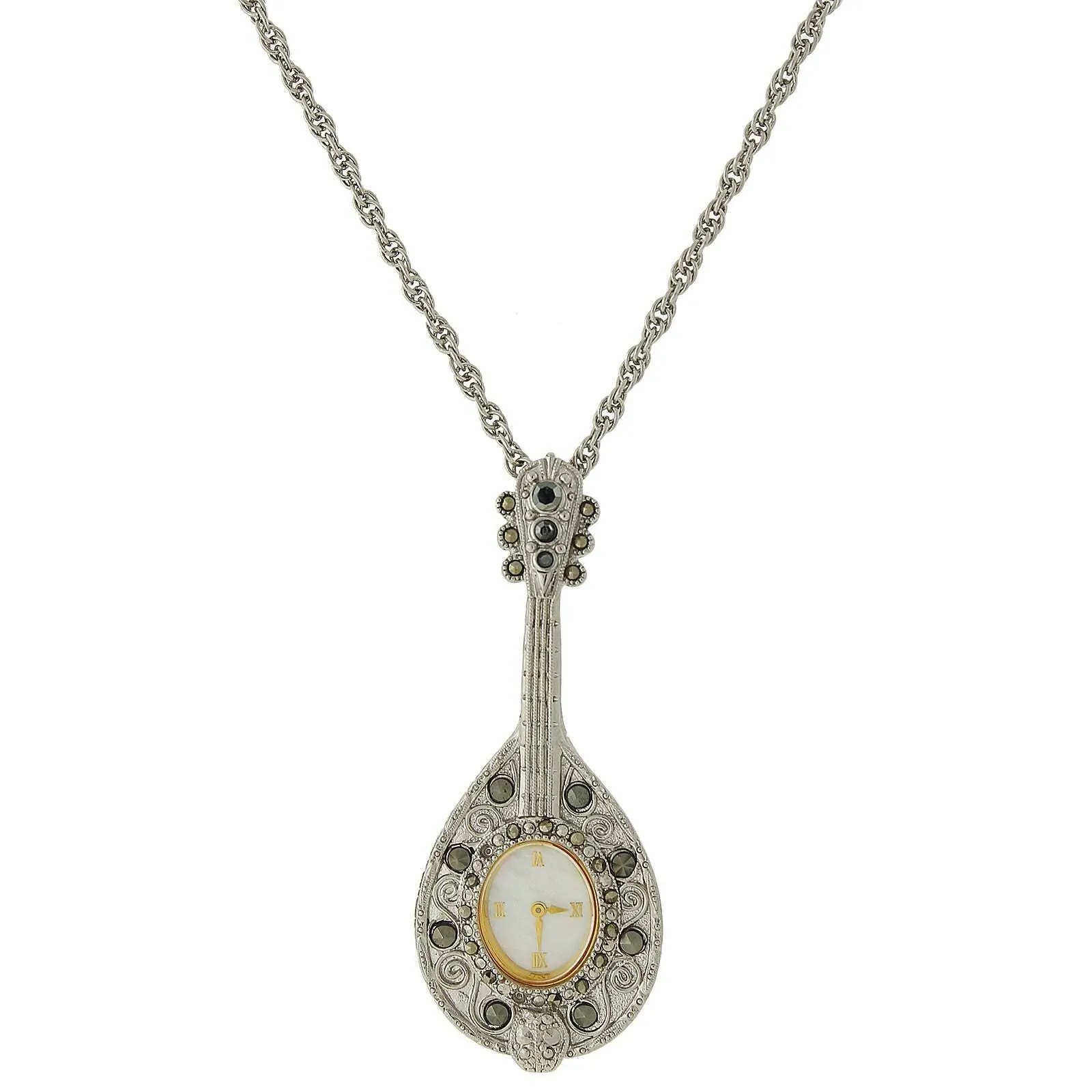 1928 Jewelry Mother Of Pearl Hematite Crystal Mandolin Watch Pendant Necklace 28" 1928 Jewelry