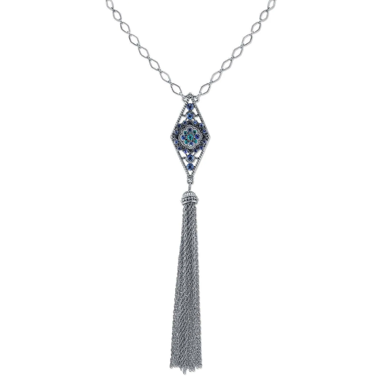 1928 Jewelry Multi Blue Crystal Diamond Link Chain Tassel Necklace 26" 1928 Jewelry