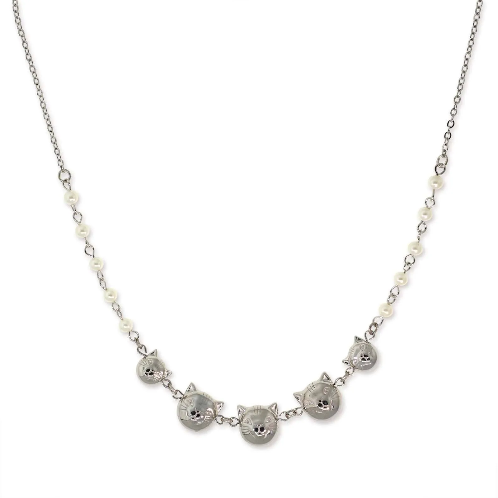 1928 Jewelry Multi Cat Face With Faux Pearl Chain Necklace 16"   3" Extender 1928 Jewelry