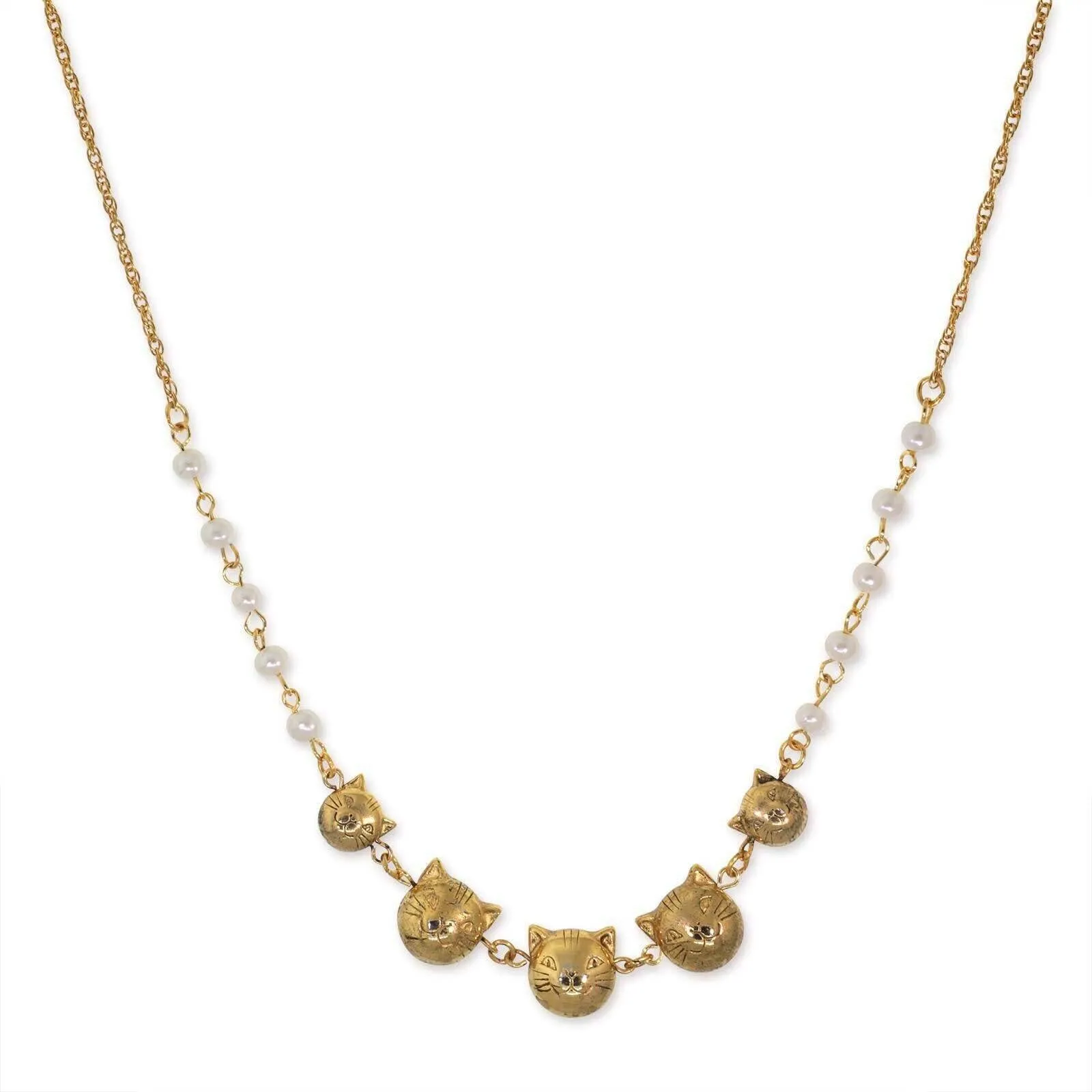 1928 Jewelry Multi Cat Face With Faux Pearl Chain Necklace 16"   3" Extender 1928 Jewelry