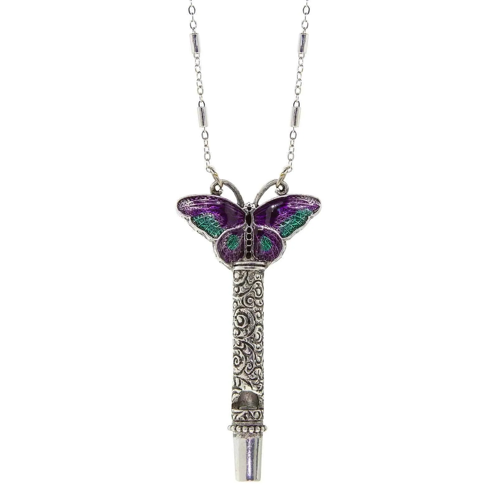 1928 Jewelry Multicolor Enamel Butterfly Etched Filigree Whistle Necklace 30" 1928 Jewelry