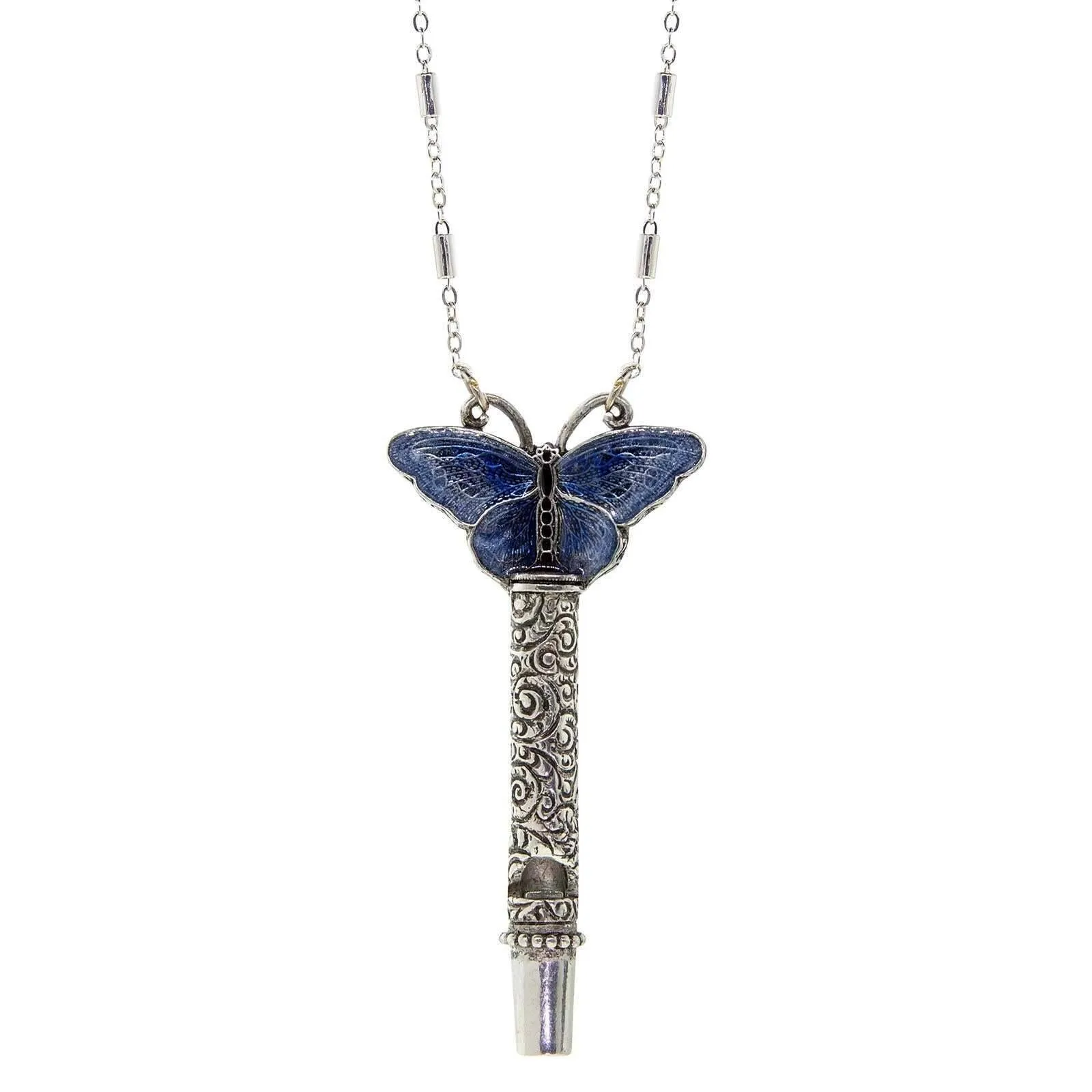 1928 Jewelry Multicolor Enamel Butterfly Etched Filigree Whistle Necklace 30" 1928 Jewelry