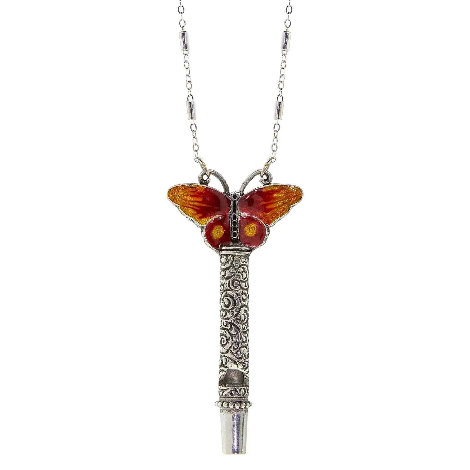1928 Jewelry Multicolor Enamel Butterfly Etched Filigree Whistle Necklace 30" 1928 Jewelry