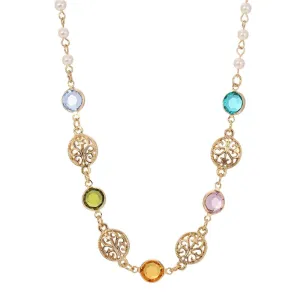 1928 Jewelry Multicolor Euro Channel Crystal Faux Pearl Necklace 15"   3" Extender 1928 Jewelry