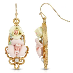 1928 Jewelry Multicolor Porcelain Rose Faux Pearl Accent Wire Drop Earrings 1928 Jewelry