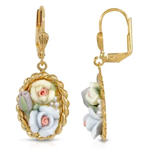 1928 Jewelry Multicolor Porcelain Rose Faux Pearl Drop Earrings 1928 Jewelry