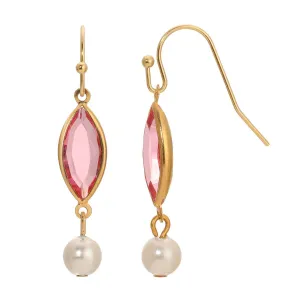 1928 Jewelry Navette Rose Pink Austrian Crystal & Faux Pearl Dangling Earrings 1928 Jewelry