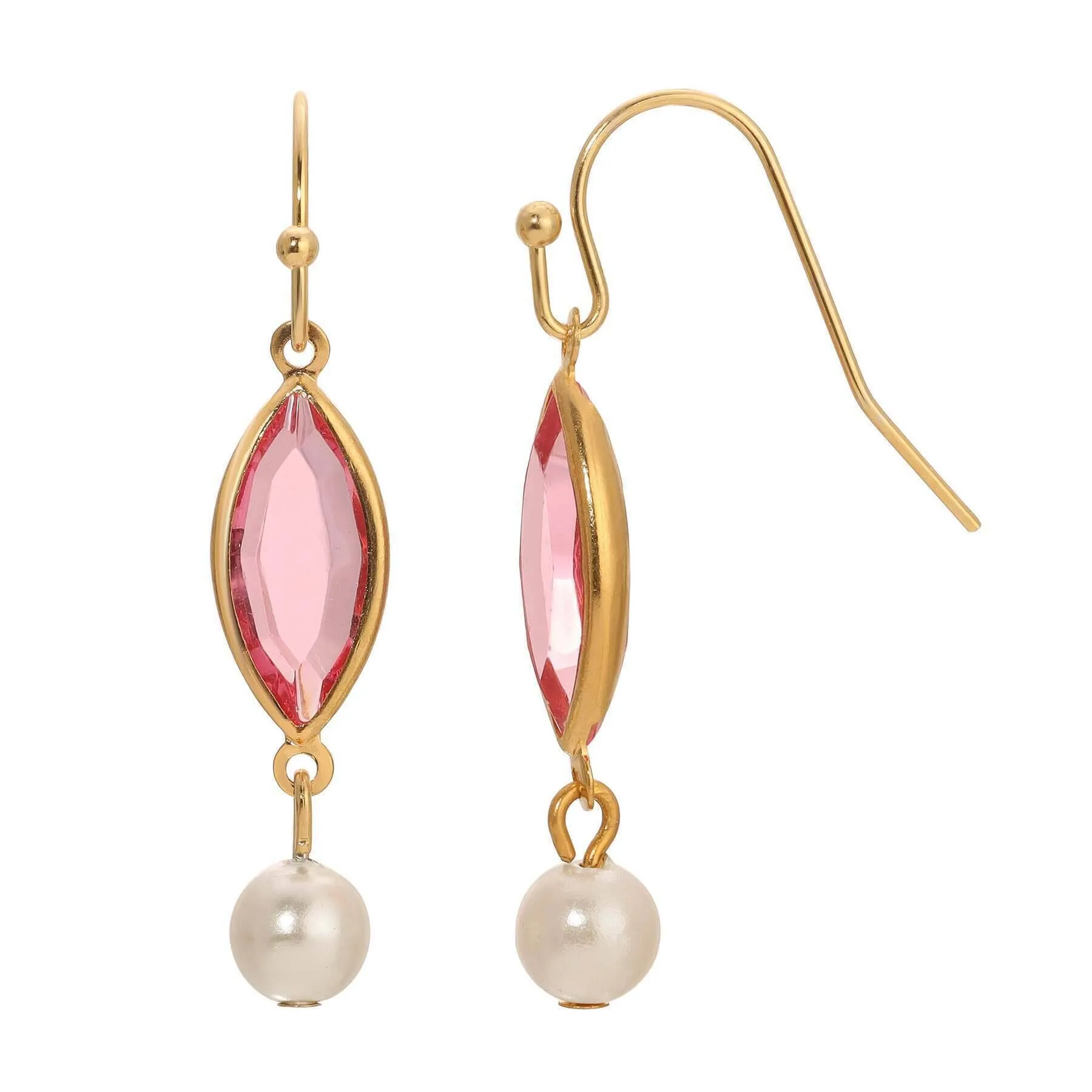 1928 Jewelry Navette Rose Pink Austrian Crystal & Faux Pearl Dangling Earrings 1928 Jewelry