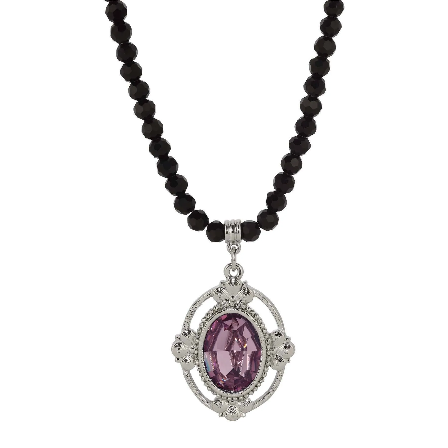 1928 Jewelry Noble Oval Crystal Pendant Black Glass Beaded Necklace 15"   3" Extension 1928 Jewelry