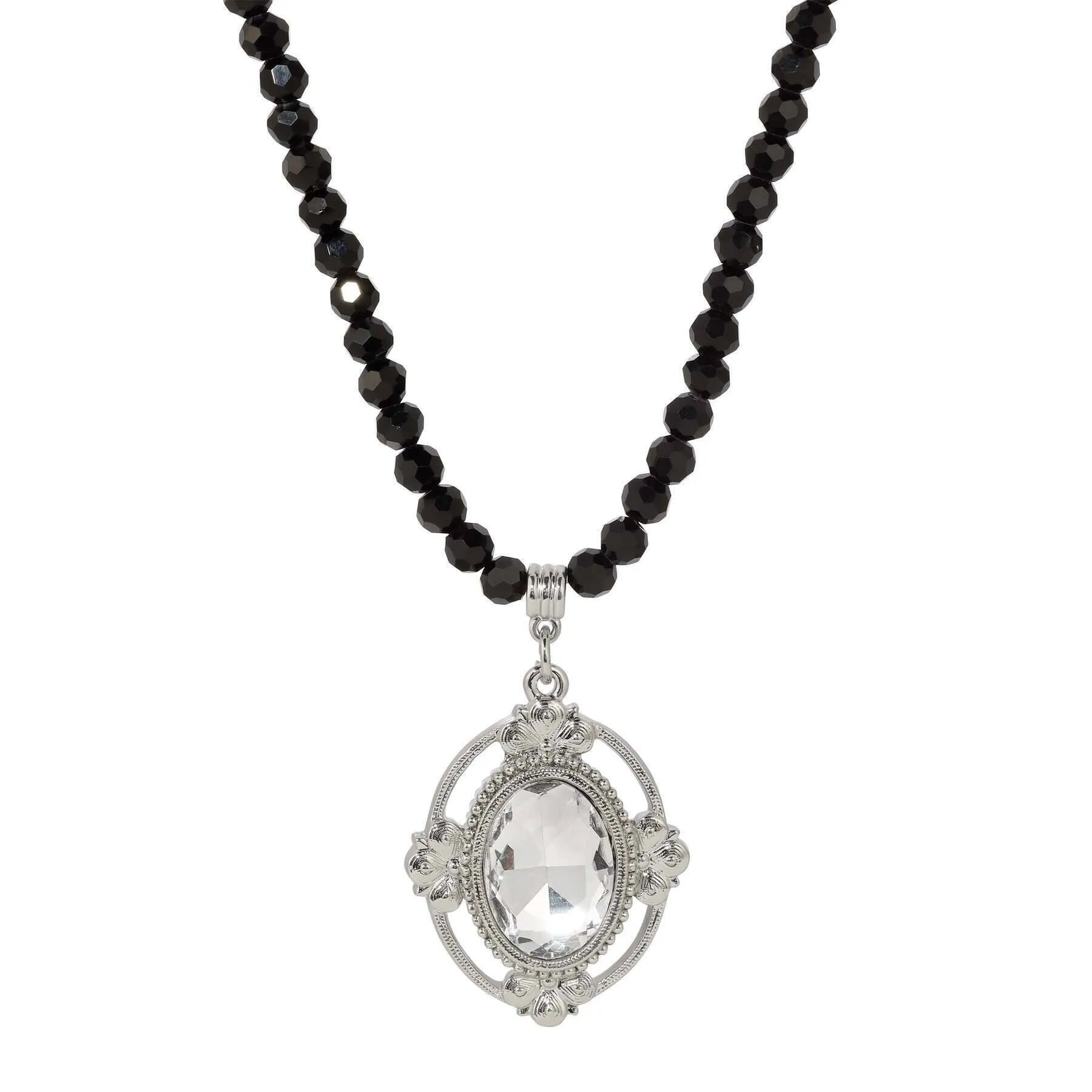 1928 Jewelry Noble Oval Crystal Pendant Black Glass Beaded Necklace 15"   3" Extension 1928 Jewelry