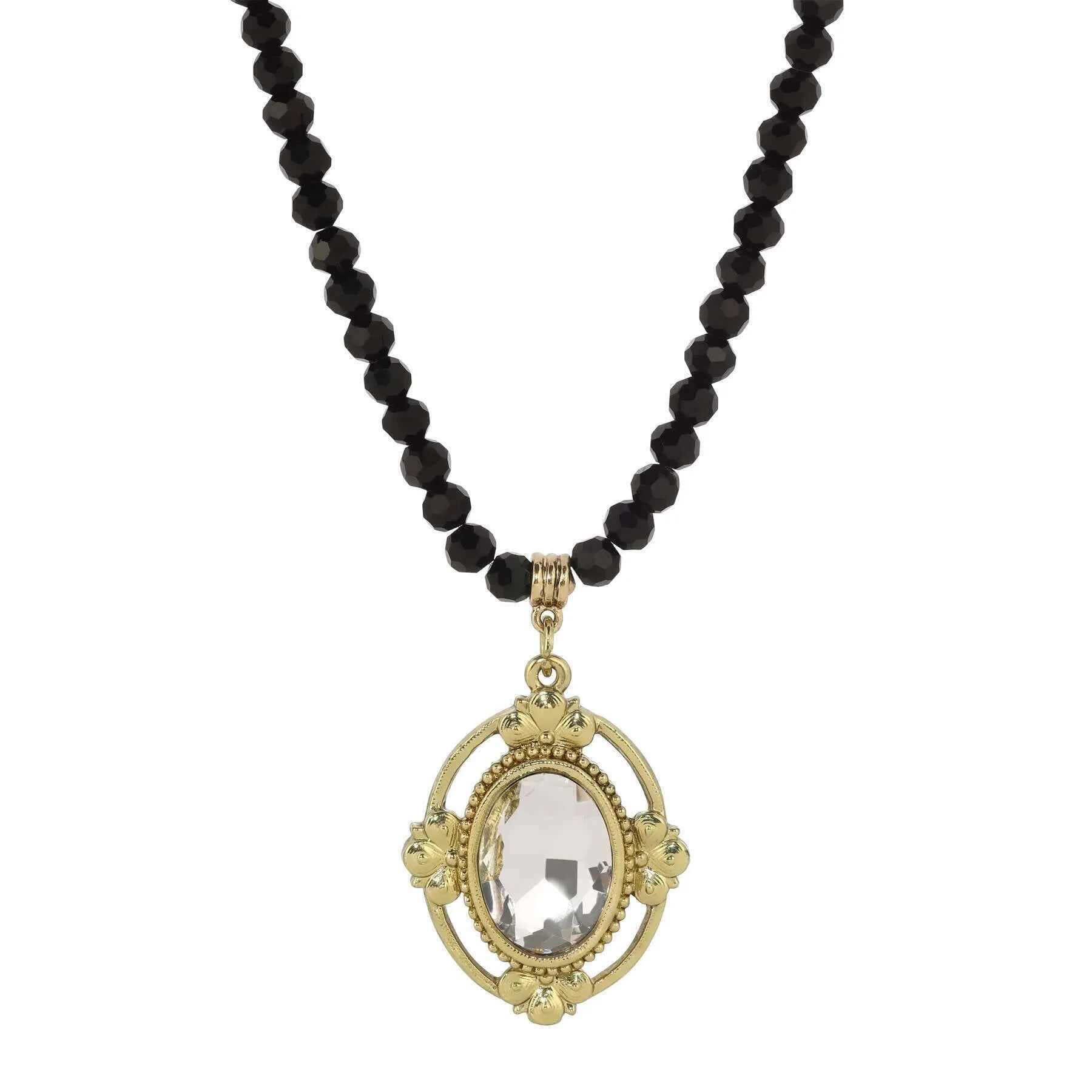 1928 Jewelry Noble Oval Crystal Pendant Black Glass Beaded Necklace 15"   3" Extension 1928 Jewelry