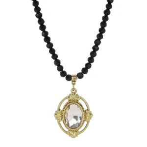 1928 Jewelry Noble Oval Crystal Pendant Black Glass Beaded Necklace 15"   3" Extension 1928 Jewelry