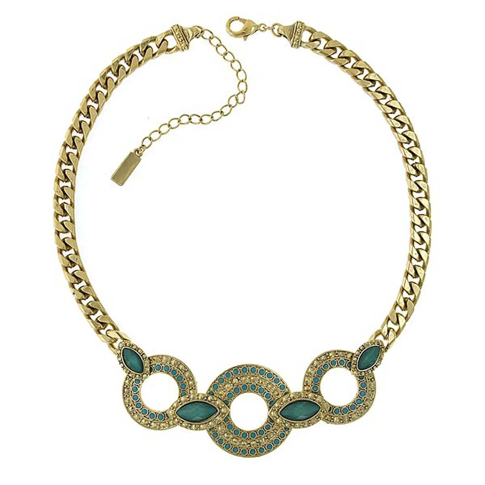 1928 Jewelry Oasis Green And Turquoise Stone 3 Ring Necklace 16"   3" Extender 1928 Jewelry