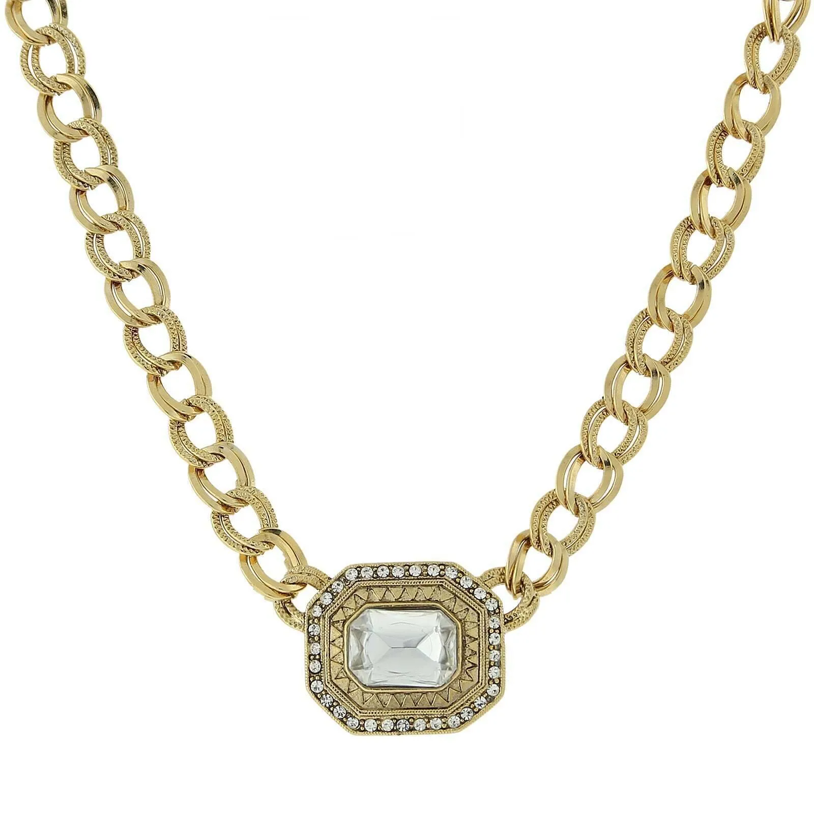 1928 Jewelry Octagon Stone & Crystals Pendant Necklace 16"   3" Extension 1928 Jewelry