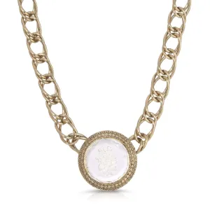 1928 Jewelry Old German Floral Intaglio Stone Pendant Double Link Chain Necklace 15" Chain 1928 Jewelry