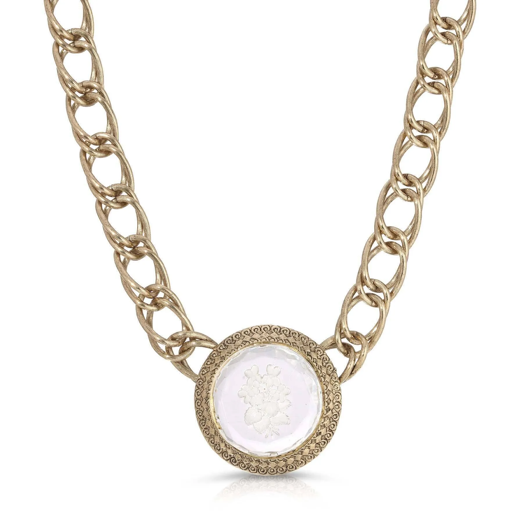 1928 Jewelry Old German Floral Intaglio Stone Pendant Double Link Chain Necklace 15" Chain 1928 Jewelry