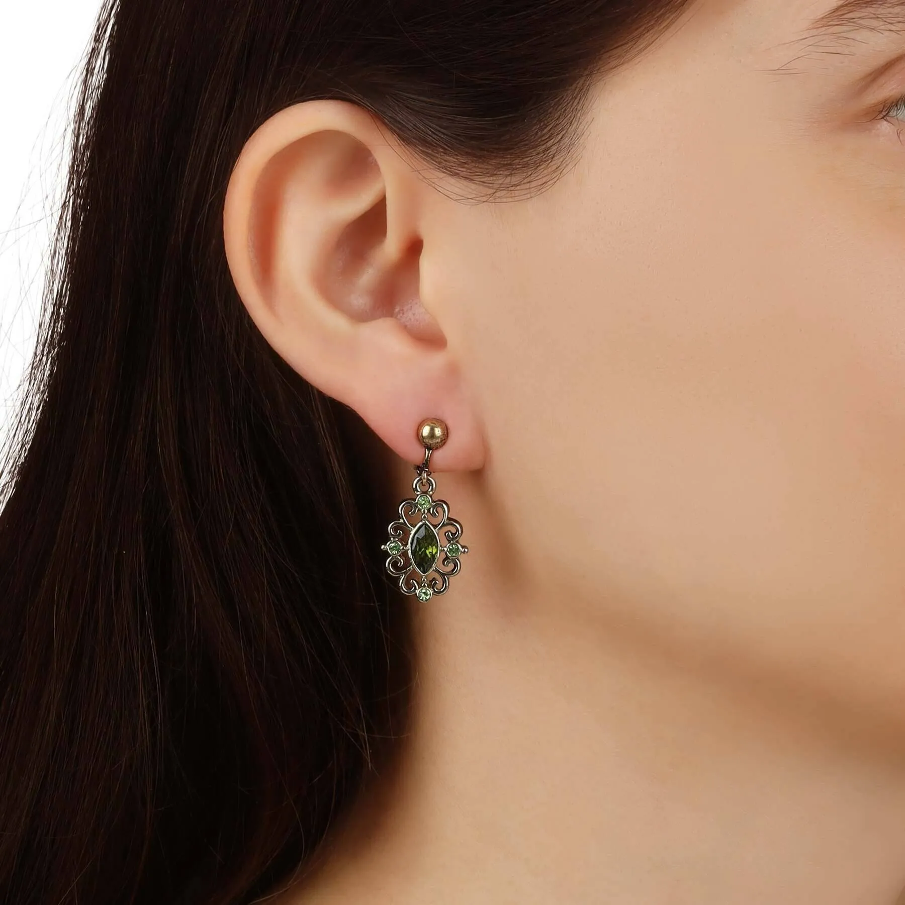 1928 Jewelry Olivine Green Crystal Filigree Clip On Earrings 1928 Jewelry