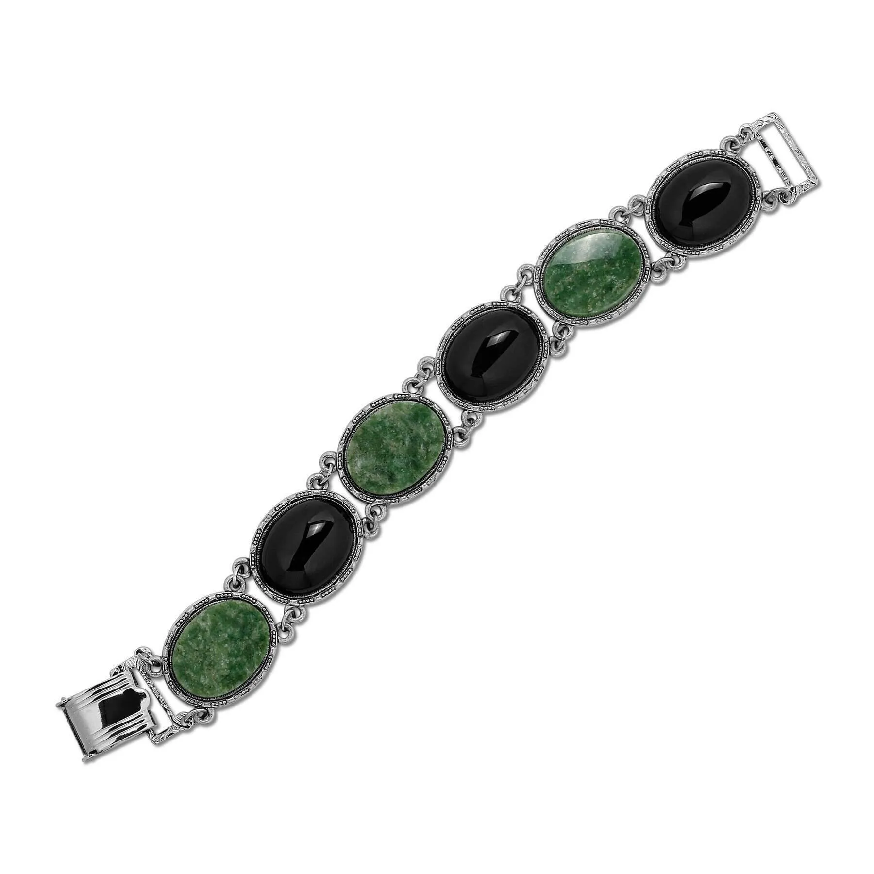 1928 Jewelry Onyx & Jade Semi Precious Link Bracelet 1928 Jewelry