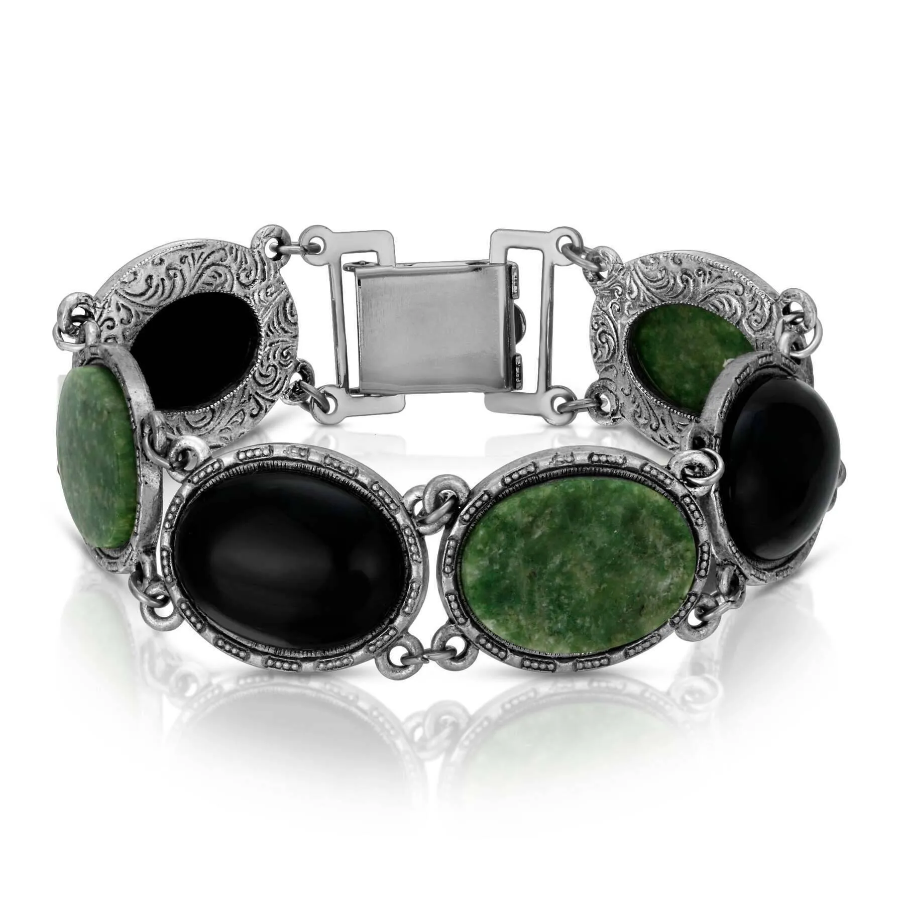 1928 Jewelry Onyx & Jade Semi Precious Link Bracelet 1928 Jewelry