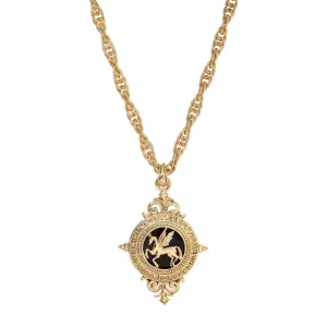 1928 Jewelry Onyx Gemstone Gold Pegasus Acanthus Pendant Necklace 16"   3" Extender 1928 Jewelry