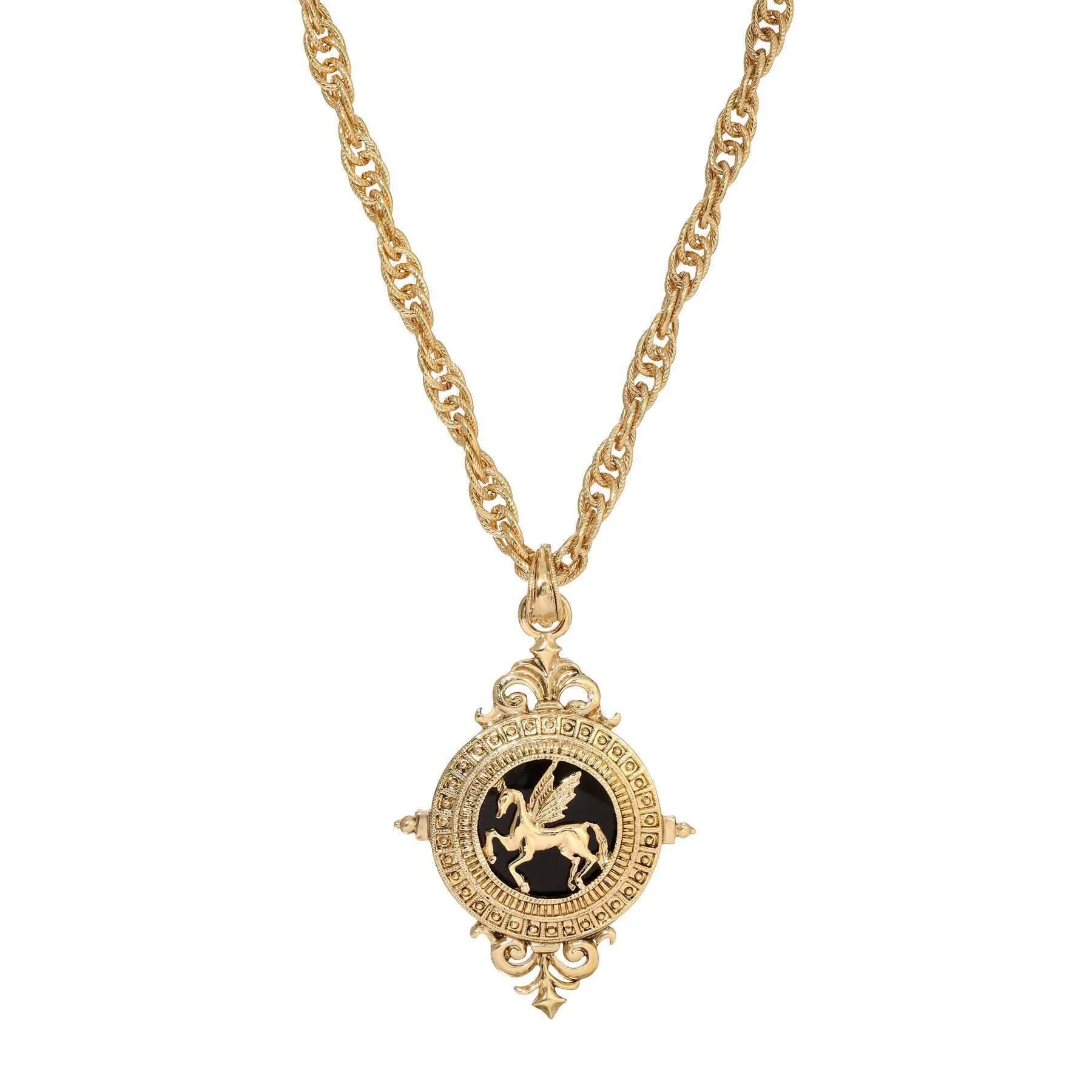 1928 Jewelry Onyx Gemstone Gold Pegasus Acanthus Pendant Necklace 16"   3" Extender 1928 Jewelry