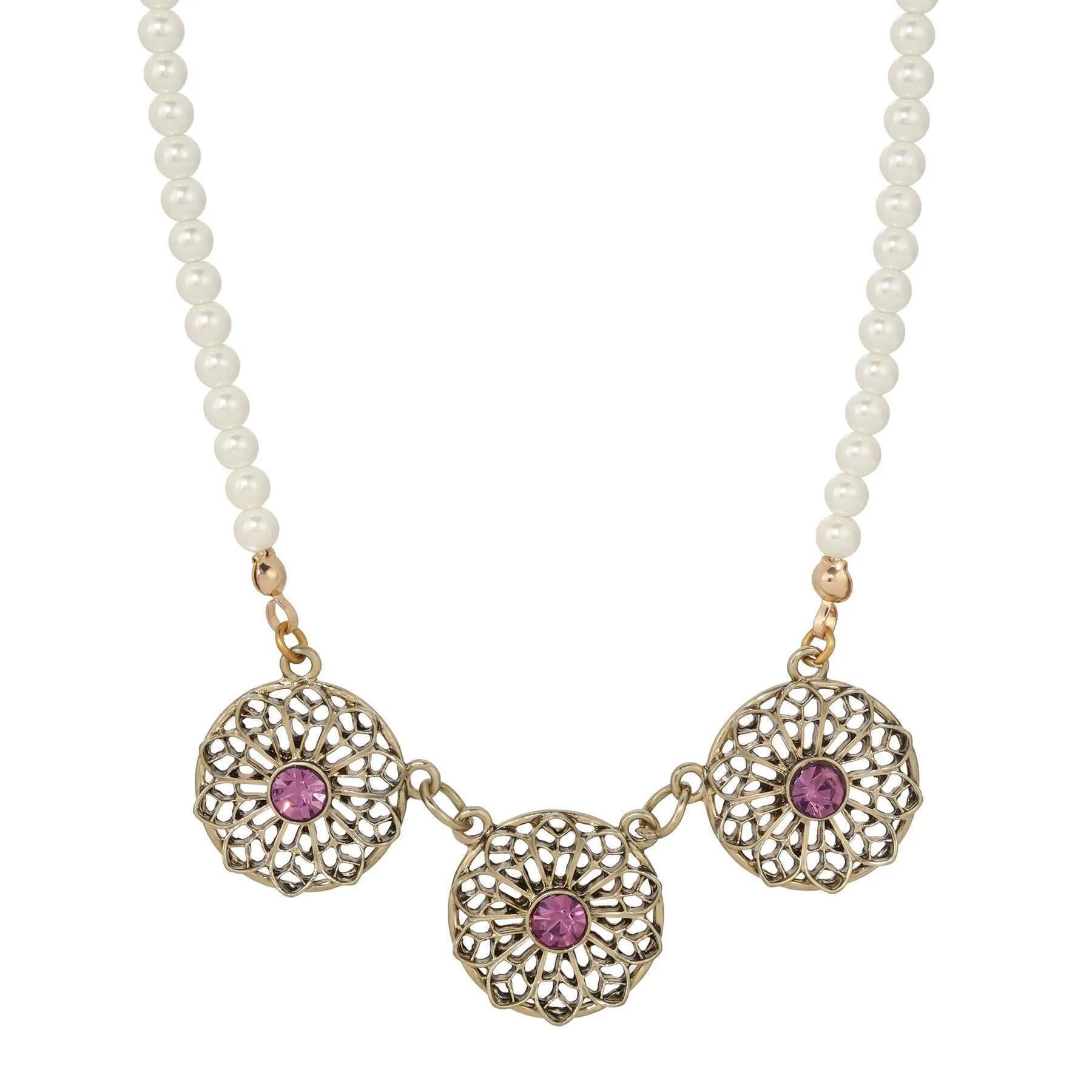 1928 Jewelry Ornate Floral Reverie Amethyst Purple Crystal Faux Pearl Strand Necklace 16"   3" Extender 1928 Jewelry