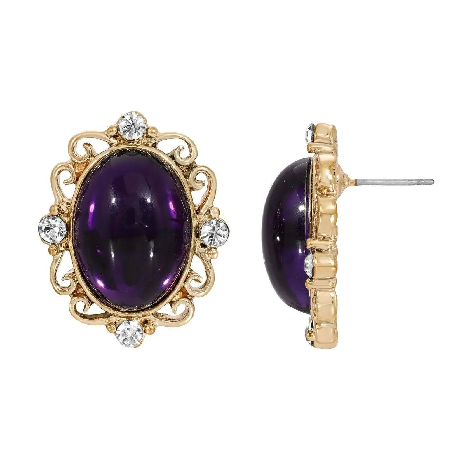 1928 Jewelry Oval Amethyst Purple Stone Crystal Button Earrings 1928 Jewelry