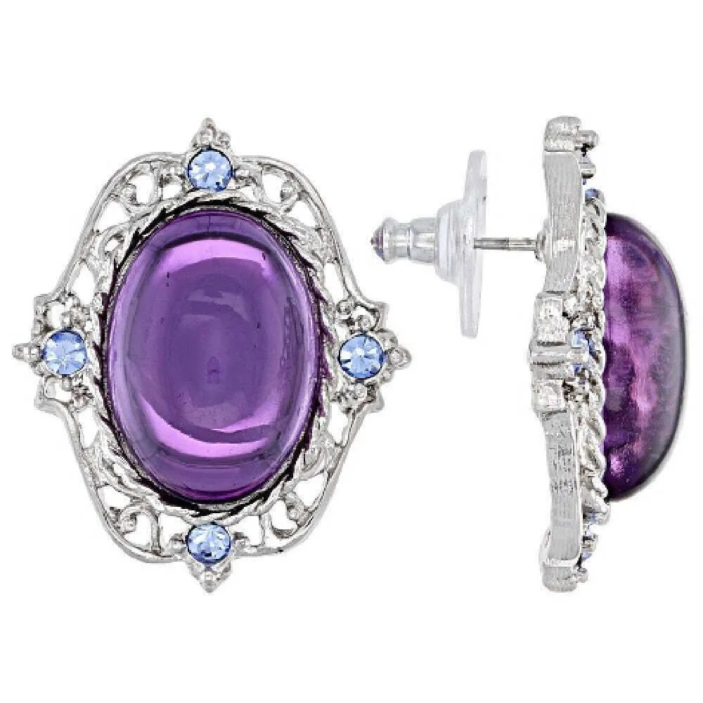 1928 Jewelry Oval Amethyst Stone & Light Sapphire Crystal Post Earrings 1928 Jewelry