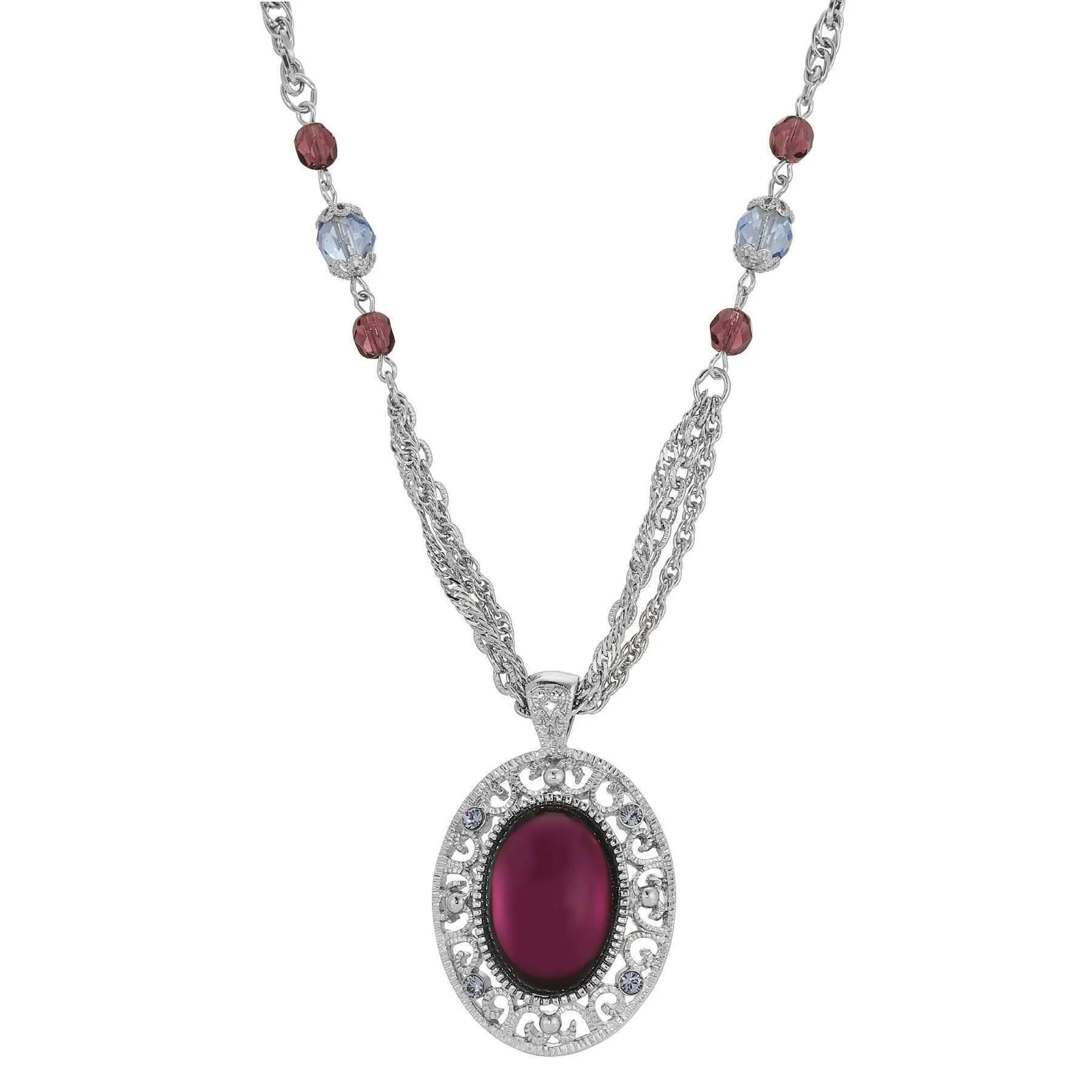 1928 Jewelry Oval Amethyst Stone Filigree Pendant Necklace 18.5"   3" Extender 1928 Jewelry