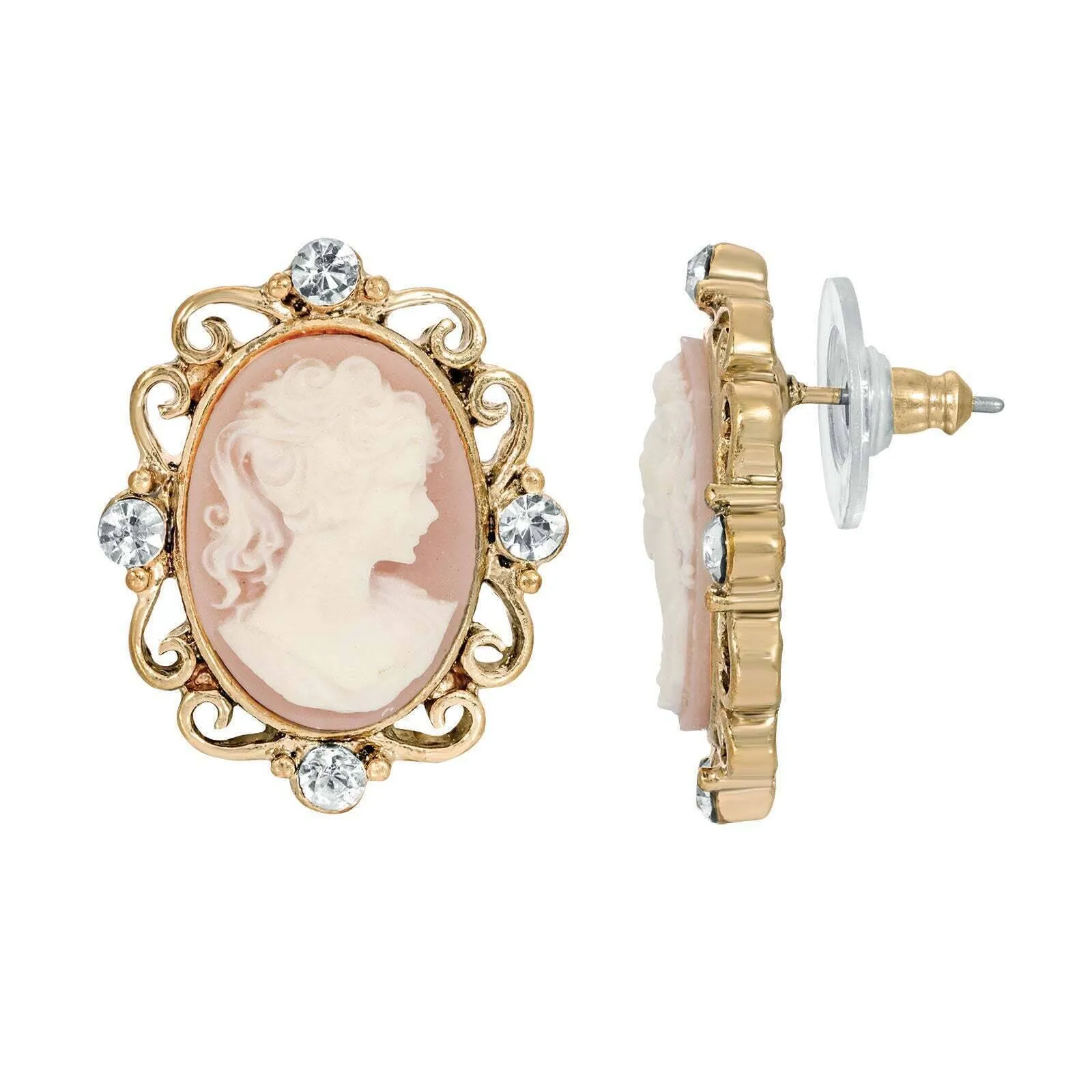 1928 Jewelry Oval Angel Pink Cameo Crystal Button Earrings 1928 Jewelry